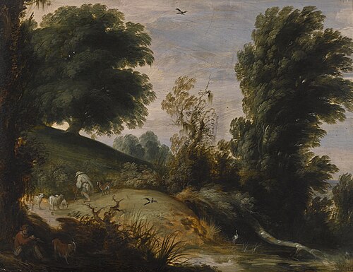 Wooded landscape with a shepherd tending his flock on a riverbank, 1650, Gijsbrecht Leytens