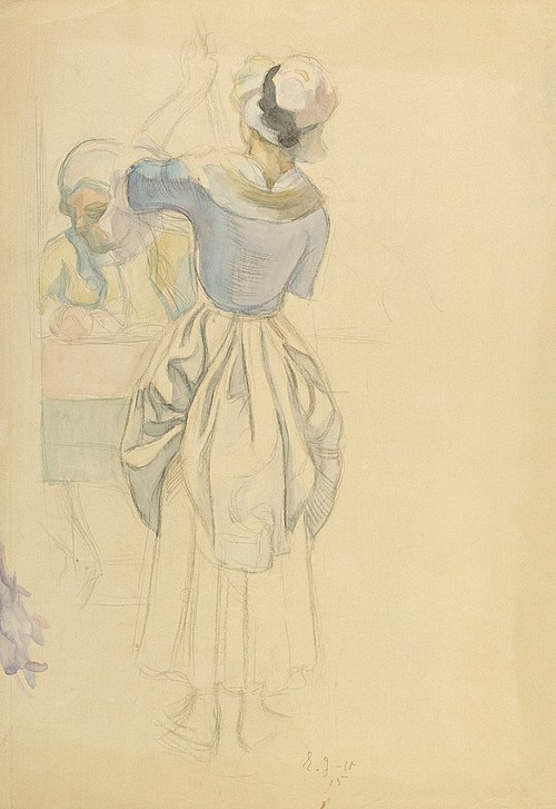 Figuuriharjoitelma maalaukseen Aurora-seura (lamppua sytyttävä tyttö ja pöydän takana istuva mies) ;, 1915, Eero Järnefelt