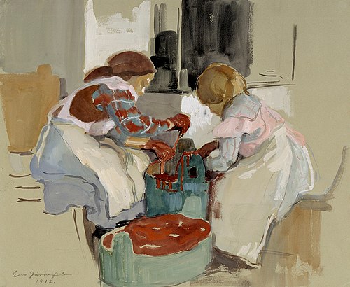 Två flickor som färja tyg, 1913, Eero Järnefelt