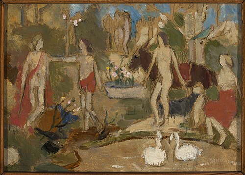 Garden scene with figures and swans, 1909, Tadeusz Makowski