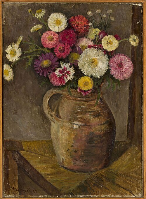 Asters and zinnias in a clay jug, 1917, Tadeusz Makowski