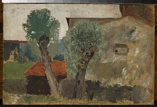 Fragment of a house with two trees, 1920, Tadeusz Makowski