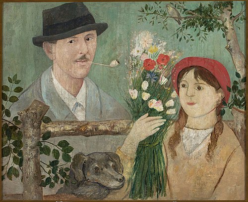 Idyll beside a fence (Self-portrait, girl with flowers and dog), 1920, Tadeusz Makowski