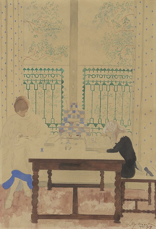 Vrouw met kind lezend aan tafel, 1917, Léon Spilliaert