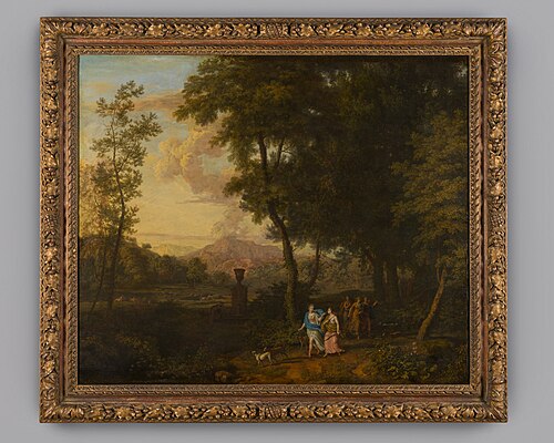 Jachtgodinnen in een boslandschap, 1690, Johannes Glauber