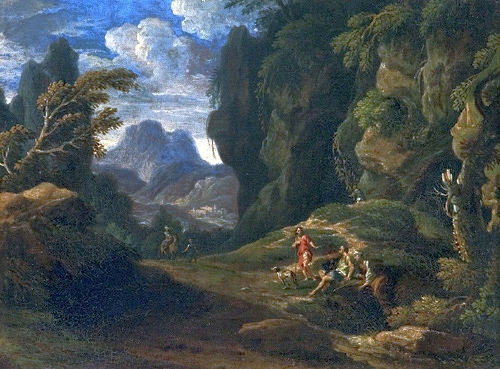 Paysage rocheux avec des vagabonds., 1650, Johannes Glauber