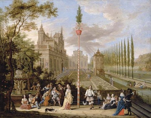 Elegant company making music with a lady and a gentleman dancing around a maypole, a palace with an , 1650, Pieter Gysels