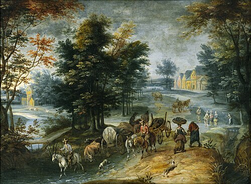 Busy path leading to the village, 1650, Pieter Gysels