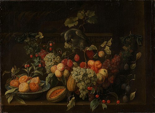 Still Life with Fruits and a Parrot, 1655, Pieter Gysels
