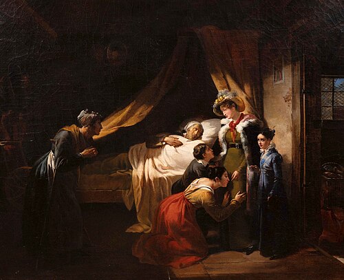 Une jeune dame et sa fille portant des secours à une famille indigente, 1821, Hortense Haudebourt-Lescot
