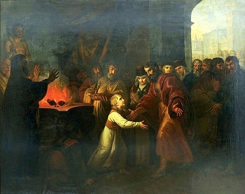 Mieczysław I podczas świętego obrzędu postrzyżyn odzyskuje wzrok. (Postrzyżyny Mieszka I), 1810, Józef Peszka