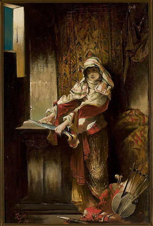 Mauritanian woman sharpening a yatagan, 1891, Franciszek Żmurko