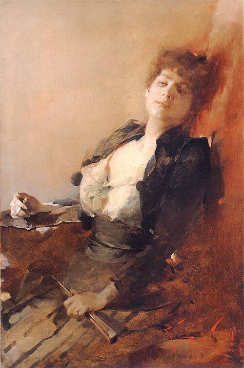 Portrait of a woman with a fan and a cigarette., 1891, Franciszek Żmurko