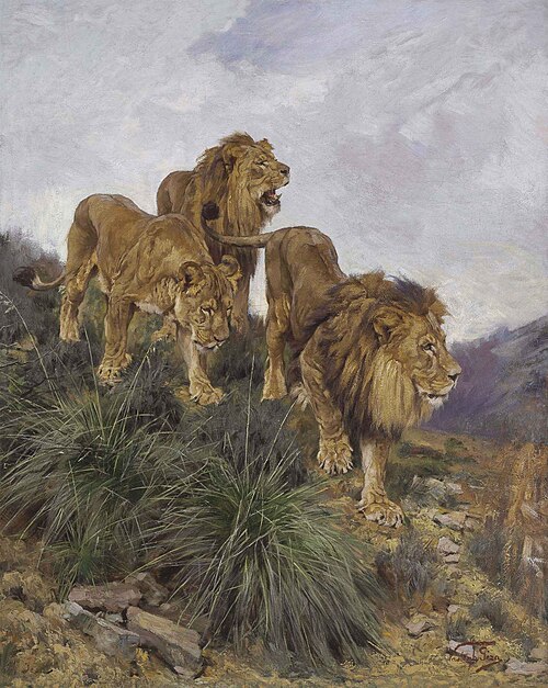 Three Lions Walking Down a Rocky Hillside, , Géza Vastagh