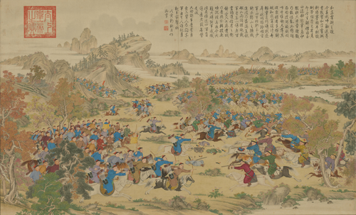 平定伊犁回部战图册·和落霍澌之捷, 1770, Jean-Denis Attiret