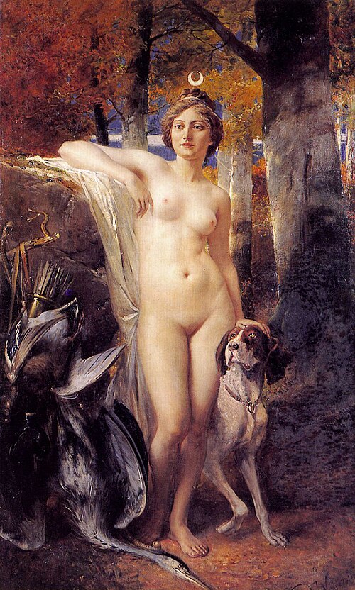 Diana with her dog in the clear of a forest, 1904, Ferdinand Wagner the Younger