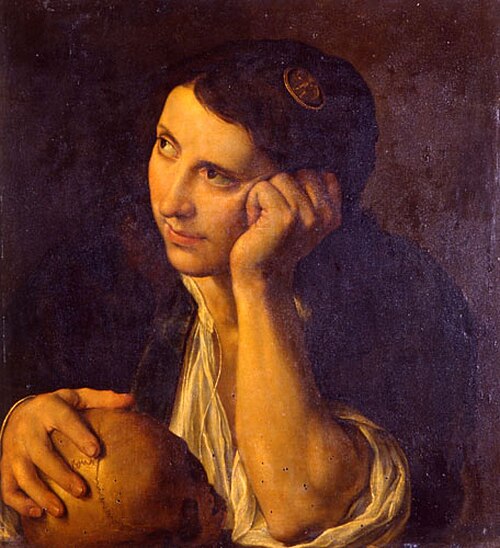 Jeune homme au crâne, Vanité, 1630, Angelo Caroselli