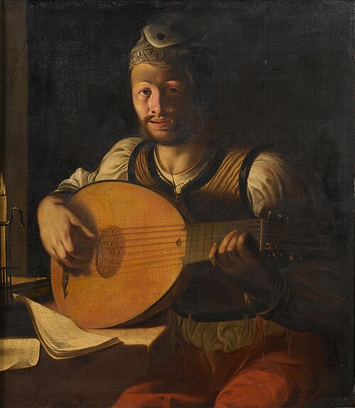 Young man playing a lute by candlelight, 1626, Angelo Caroselli