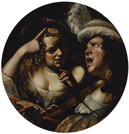 An allegory of love with a singing violinist and a courtesan with coins in her palm, 1650, Angelo Caroselli