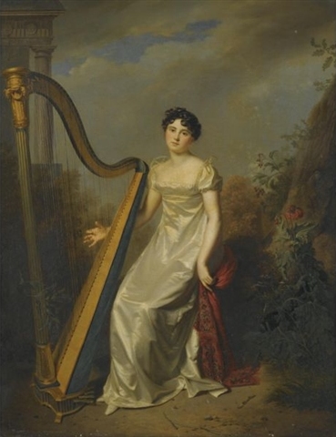 Portrait of a lady, wearing a white dress and seated beside a harp, a landscape beyond (marquise de , 1810, Firmin Massot