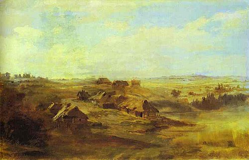 Landscape with peasants huts and pond near St Petersburg, 1860, Fiodor Vassiliev