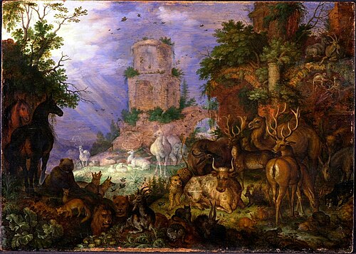 Wooded landscape with animals and a ruin, 1619, Roelant Savery