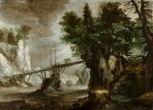 Tyrolskt bergslandskap med bro, 1607, Roelant Savery