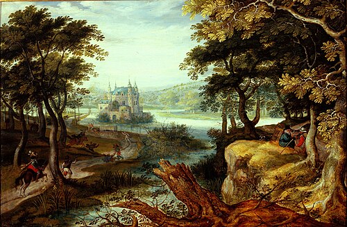 Paysage avec un château animé de personnages, 1619, Roelant Savery
