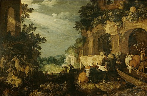 Paysage avec ruines, bovins et cerfs, 1617, Roelant Savery