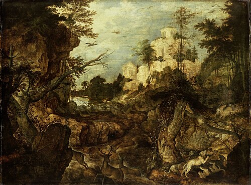 Wild boar hunt in a rocky landscape, 1620, Roelant Savery