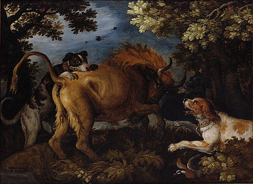 Bison attacked by three dogs, 1626, Roelant Savery