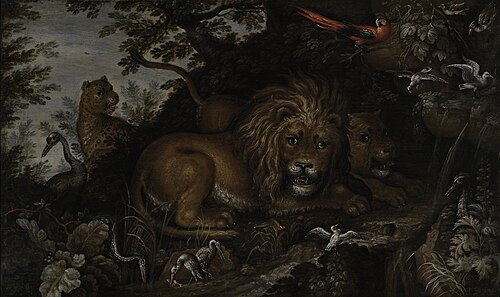 Bebost landschap met leeuwen, 1615, Roelant Savery