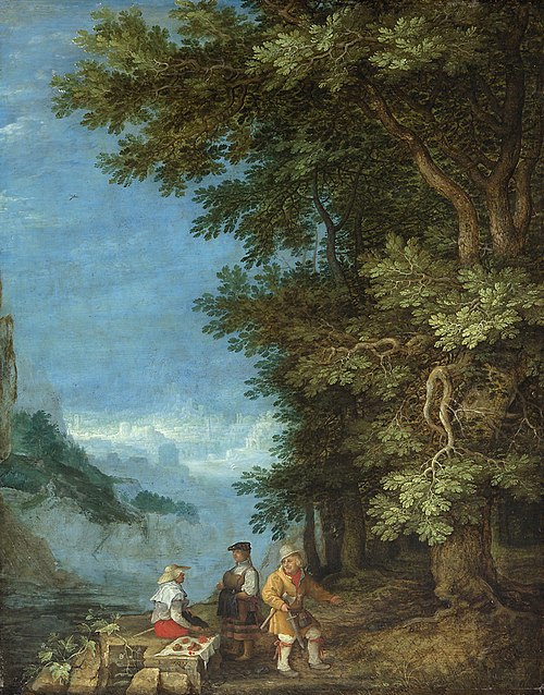 Bergachtig landschap met groenteverkopers, 1609, Roelant Savery
