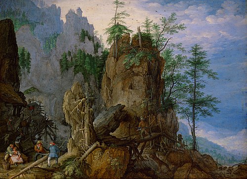 Bergachtig landschap met houthakkers, 1610, Roelant Savery