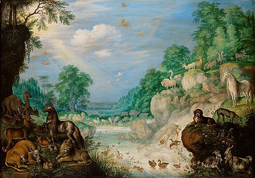 Paradies (Im Hintergrund: Der Sündenfall), 1628, Roelant Savery