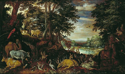 Wooded landscape with animals, 1619, Roelant Savery