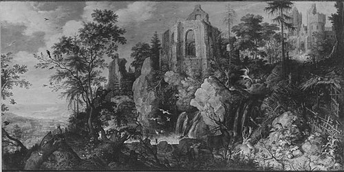 Landscape with a ruined church by a waterfall, 1607, Roelant Savery