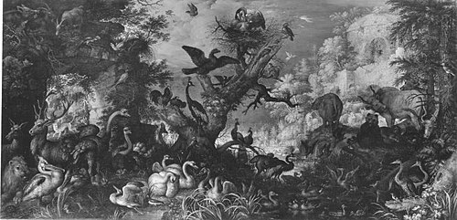Rotsachtig landschap met dieren en vogels, 1623, Roelant Savery