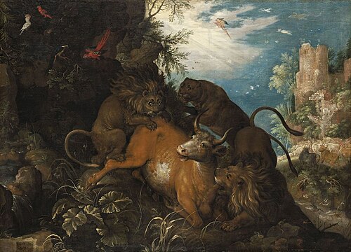 Landscape with Lions Attacking a Cow, 1628, Roelant Savery
