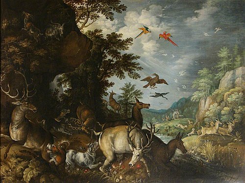 Rocky Landscape with Mastiffs attacking Stags, and Hinds fleeing Hunters, 1600, Roelant Savery