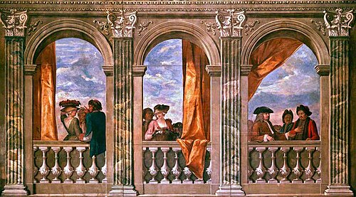 Corinthian Balustraded Colonnade with Figures (from upper section of staircase hall, 44 Grovesnor Sq, 1724, John Laguerre