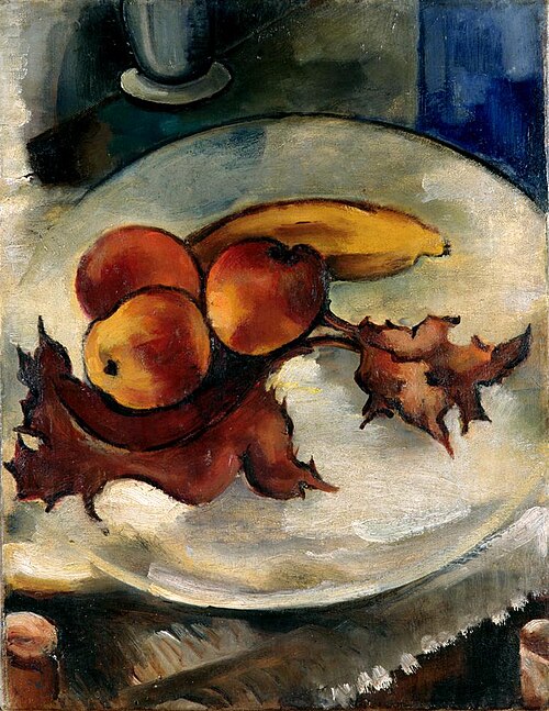 Fruitschaal met drie appels, banaan en herfstbladeren, 1921, Else Berg
