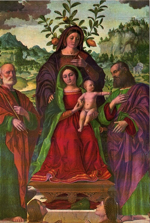 Madonna and child with Sainte Anne, Joseph and husband and wife Baughi as donors", 1520, Girolamo dai Libri