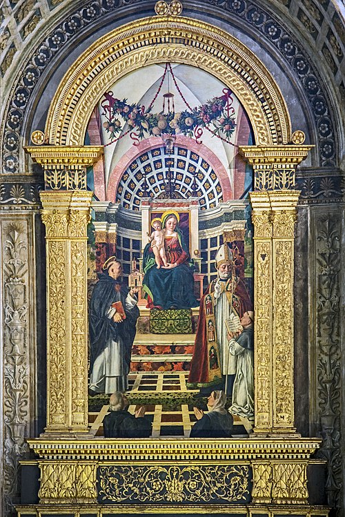 Madonna in trono con Bambino, i Santi Tommaso d'Aquino e Agostino e donatori, , Girolamo dai Libri