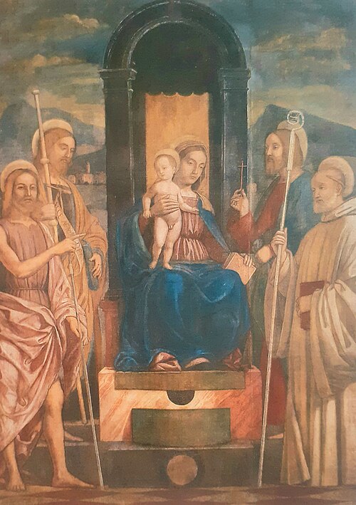 Madonna col Bambino in trono e i santi Giovanni Battista, Giacomo Maggiore, Filippo e Benedetto, , Francesco Morone