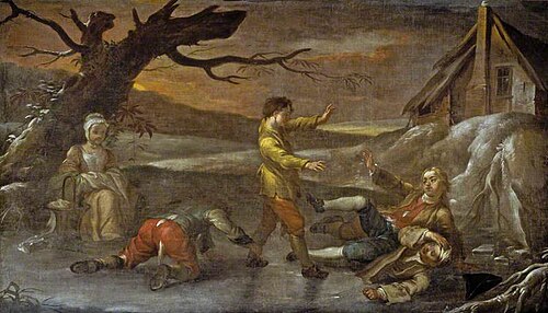 The Humorous Diversion of Sliding on the Ice (decorative painting for a supper-box at Vauxhall Garde, 1741, Francis Hayman