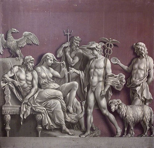 Mercury delivering a Message to Jupiter and Juno with Neptune in attendance (from an Antique Relief , 1748, Francis Hayman