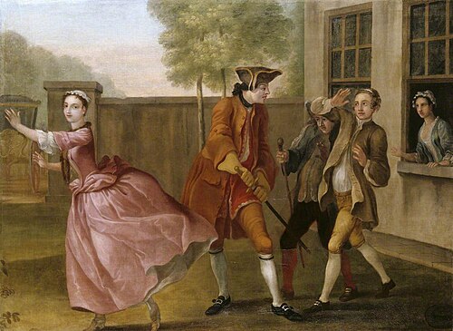 The Elopement: Pamela flying to the Coach, while Lady Davers sends Two of her Footmen to stop her (f, 1740, Francis Hayman