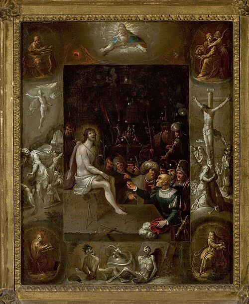 Mocking of Christ surrounded by images of the Evangelists and scenes from the Passion of Christ, , Frans II Francken