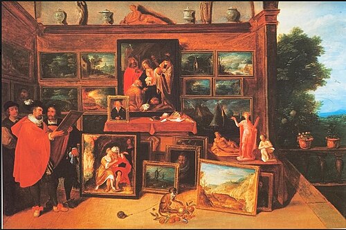An art gallery with a collector holding a painting and the curator holding keys with a monkey in the, 1636, Frans II Francken